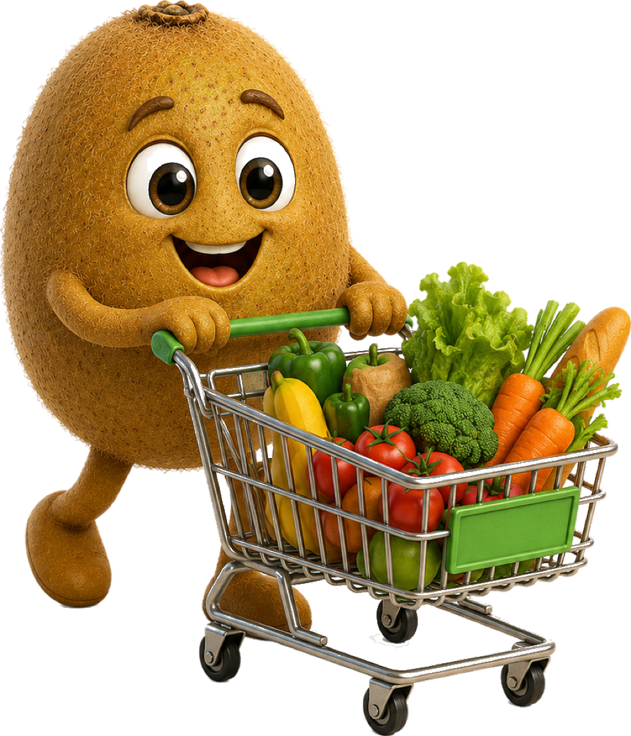 The Feedi kiwifruit mascot pushing a trolley full of fresh groceries